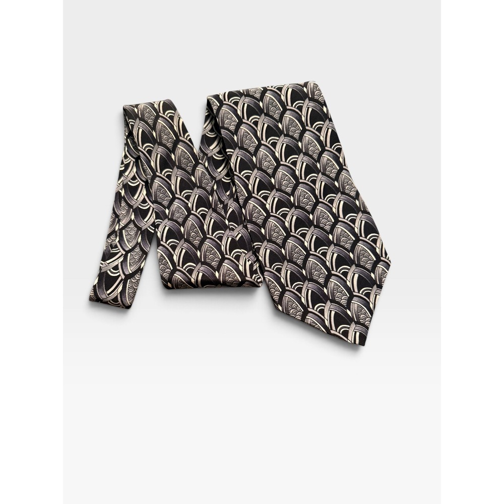 J. Garcia Mens Silk Necktie Black Grey Art Deco Geometric Print Made in USA 56"